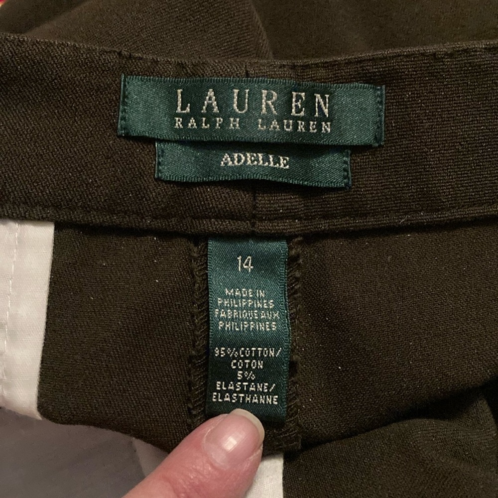 Ralph Lauren dark hunter green trousers 95% cotton, 5% elastane.  Flat front.